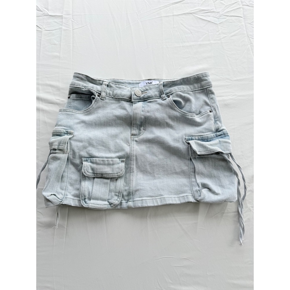 YMI Light Wash Denim Cargo Mini Skirt Utility Pockets Drawstring Size 29 Y2K